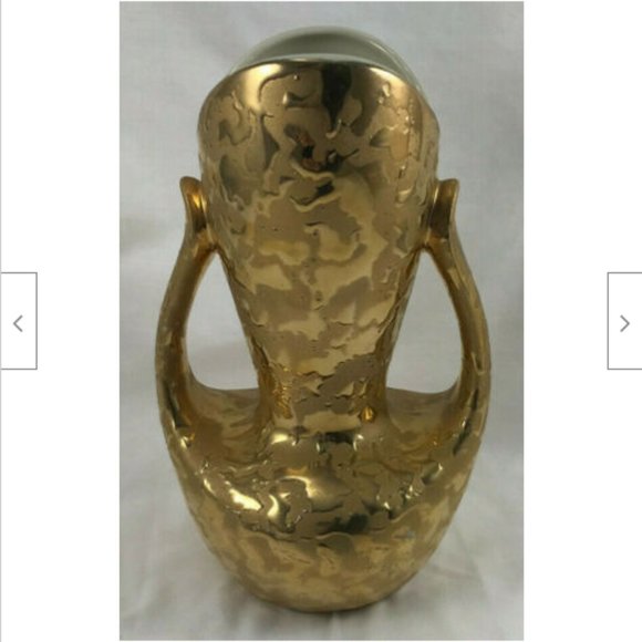Vtg Weeping Bright Gold 24k USA Dble Handle 9" Fish Mouth Vase Urn Regency Decor - Picture 4 of 9